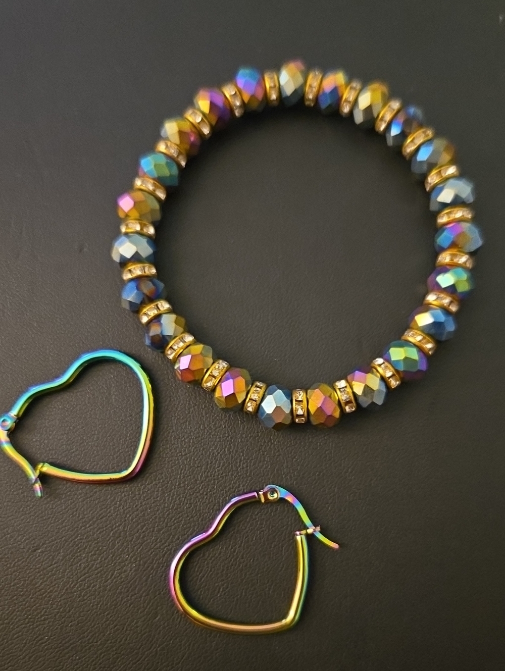 Iridescent Multi-Color Faceted Bead Stretch Bracelet with Gold Accents